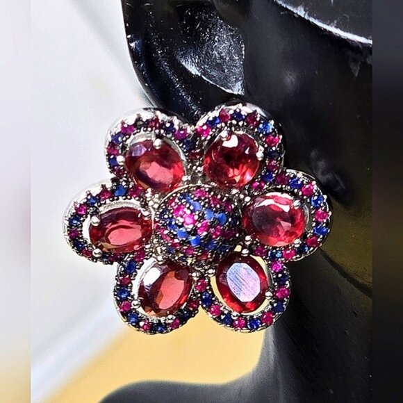 925 Sterling Silver Flower Earrings with Natural Garnet, Sapphire, Ruby Gems - Picture 2 of 8